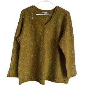 Habitat Wool Sweater Women Sz L Green Popcorn Speckle Vneck Relax Button Sleeve